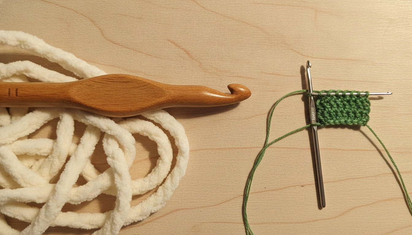 A large wooden crochet hook with thick yarn next to a tiny 1.0mm steel micro crochet hook with thin green thread.