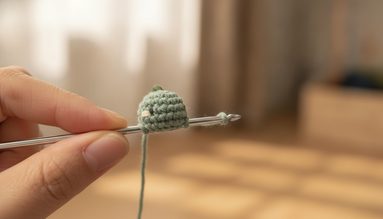 A close-up of a half-finished tiny green crocheted dinosaur head on a 1.0mm steel hook.