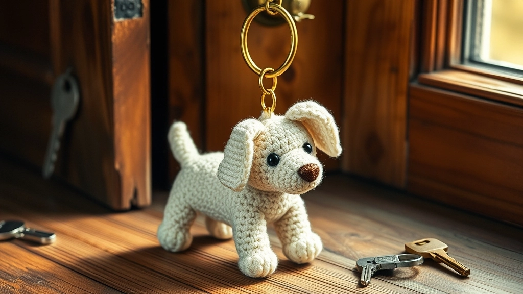 A completed cream amigurumi dog keychain hanging from a brass keyring next to a set of house keys.