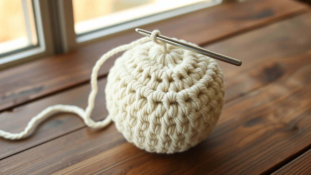 A partially crocheted cream amigurumi sphere with a crochet hook inserted, showing tight stitch work.