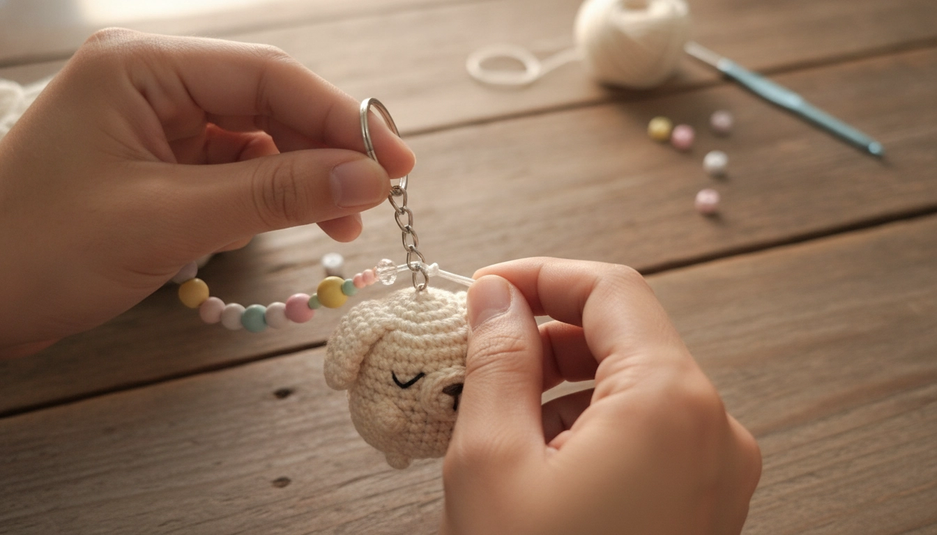 A hand attaching a metal split ring and a pastel beaded strap to the top of a crocheted puppy's head.