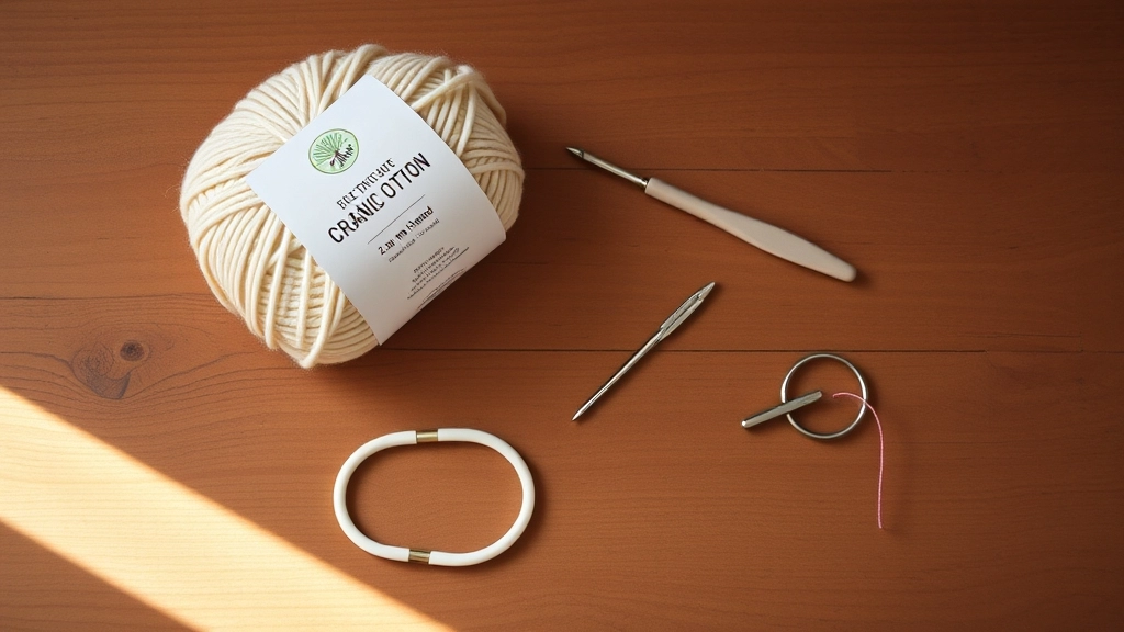 A skein of cream organic cotton yarn, a metal crochet hook, and embroidery floss on a table.