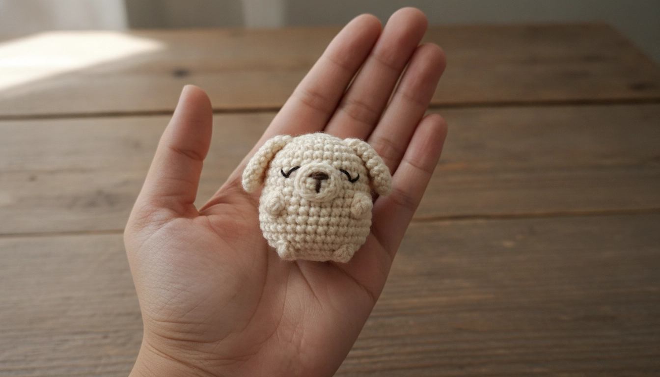 A tiny cream-colored crocheted puppy amigurumi sitting in the palm of an open hand.