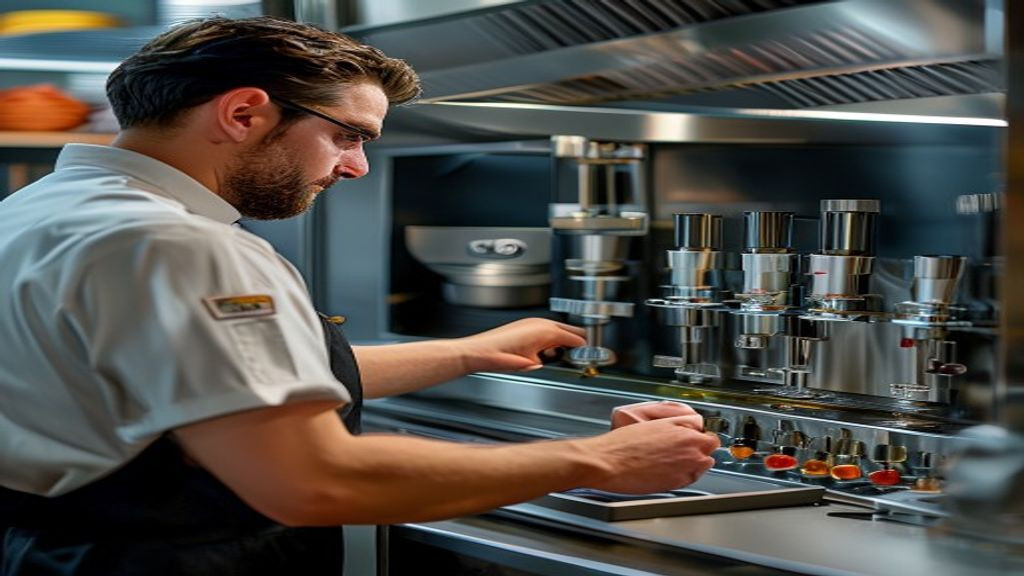 Kitchen manager checking fryer controls and oil filtration setup on a Henny Penny unit