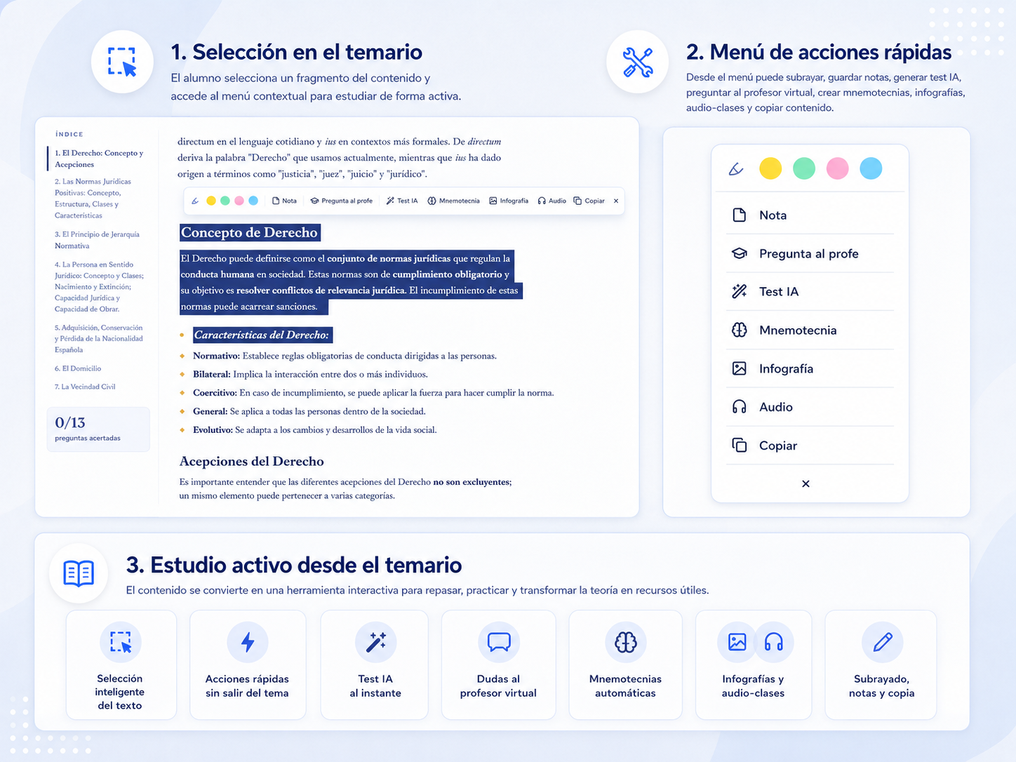 Selección de texto y menú de acciones del temario interactivo