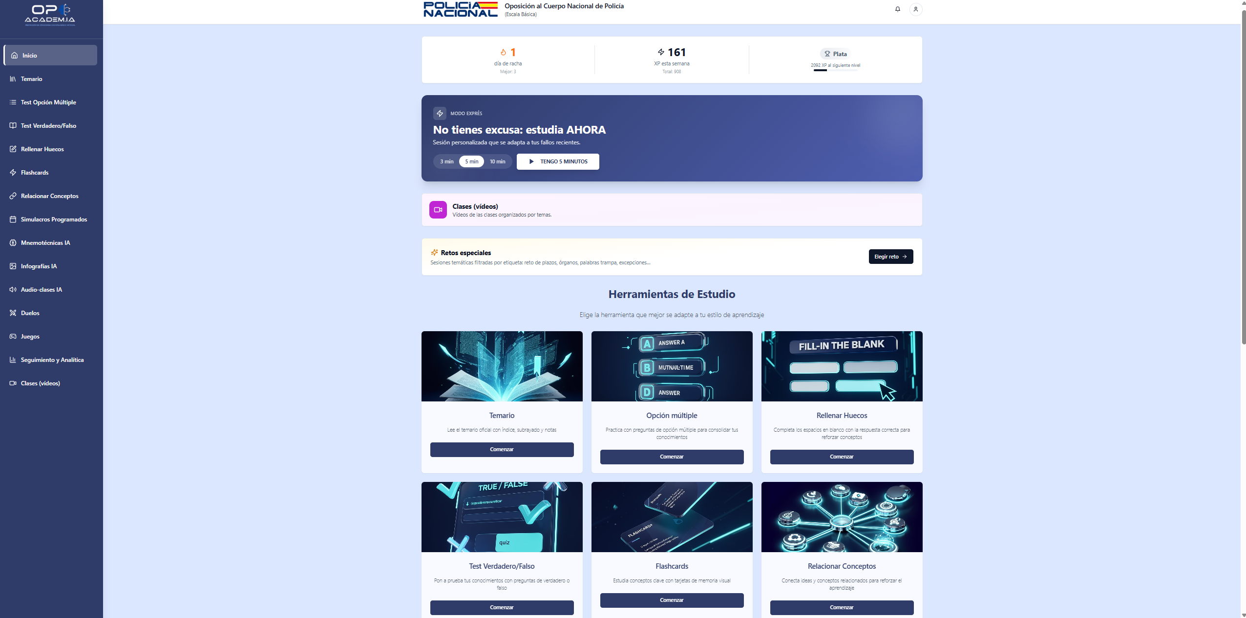 Dashboard principal de OpoAcademia