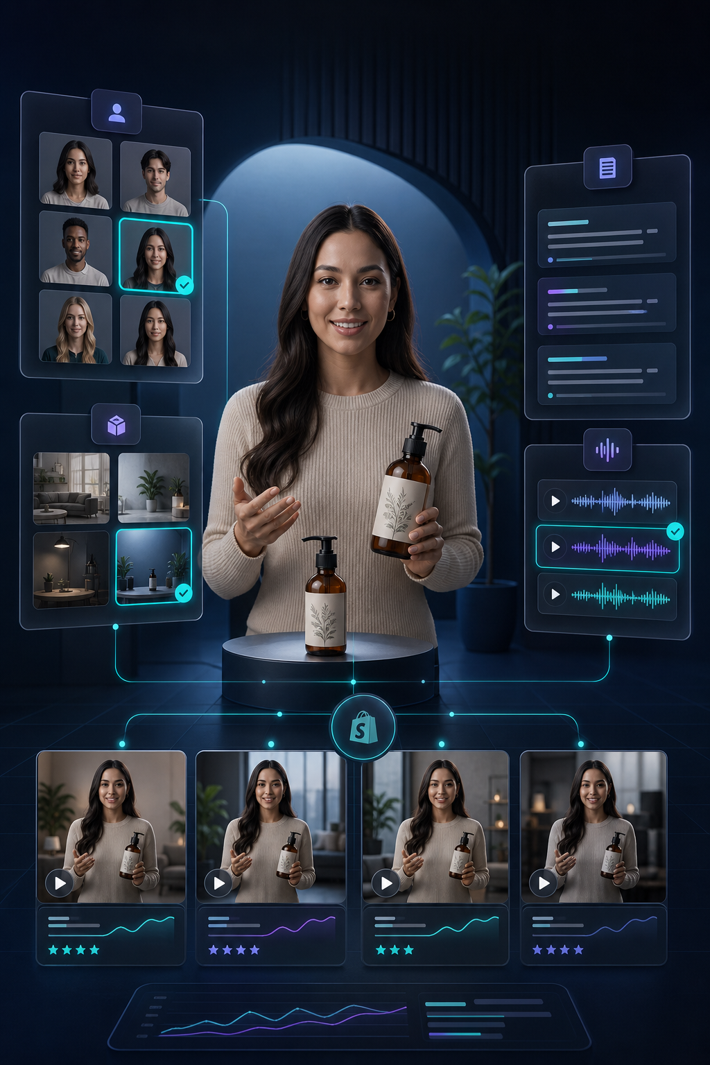 AI avatar holding a Shopify product