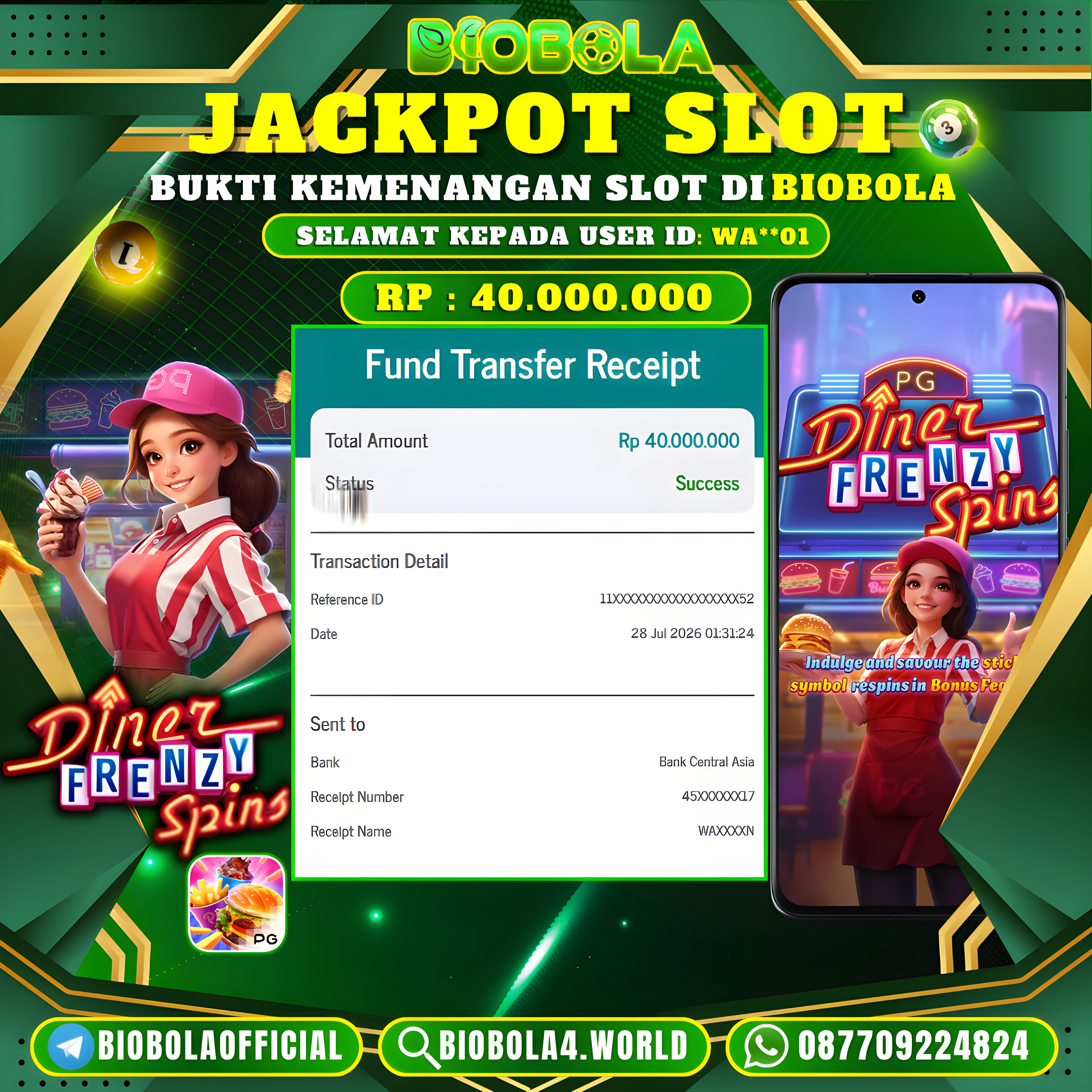 JP " Diner Frenzy Spins " PG SOFT) 40.000.000 JT BIOBOLA DI BAYAR LUNAS !!