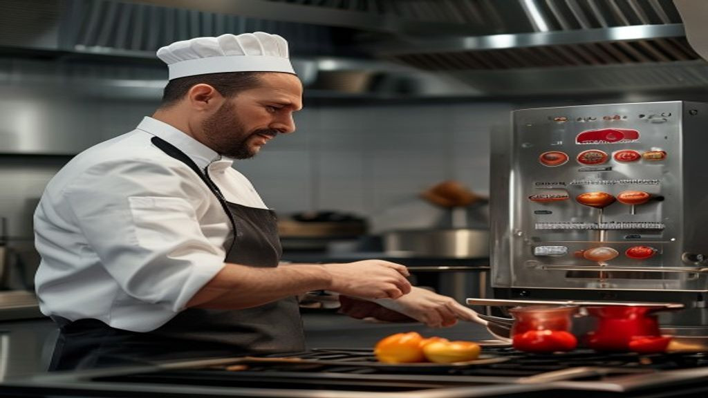 Kitchen manager checking Henny Penny fryer controls and cook settings during service