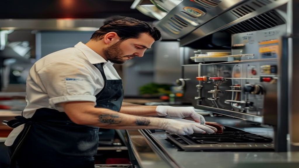 Kitchen manager checking fryer controls and oil filtration during service prep