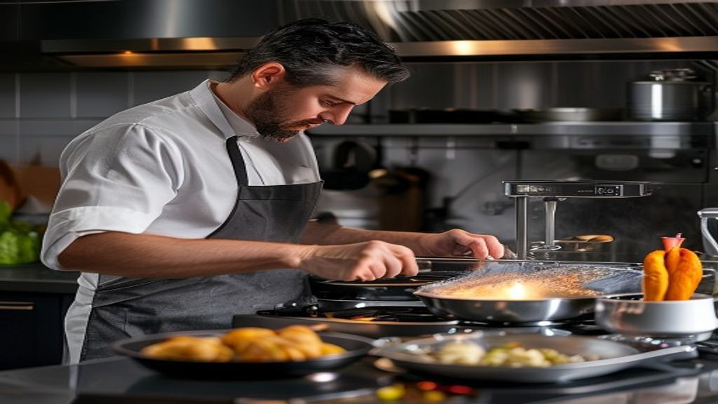Kitchen manager checking pressure fryer controls and cook settings