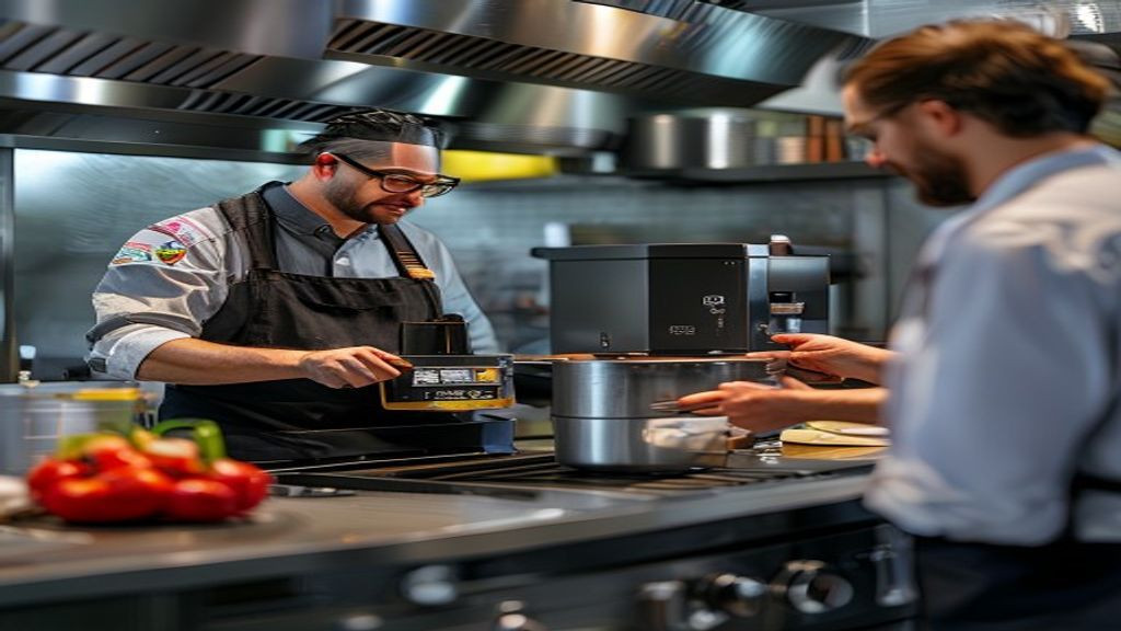 Restaurant owner reviewing commercial fryer capacity and fuel options with a supplier