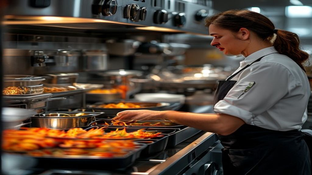 Kitchen manager checking fryer controls and basket loads during service