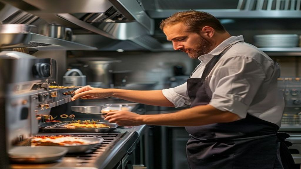 Kitchen manager checking fryer controls and batch capacity during service prep