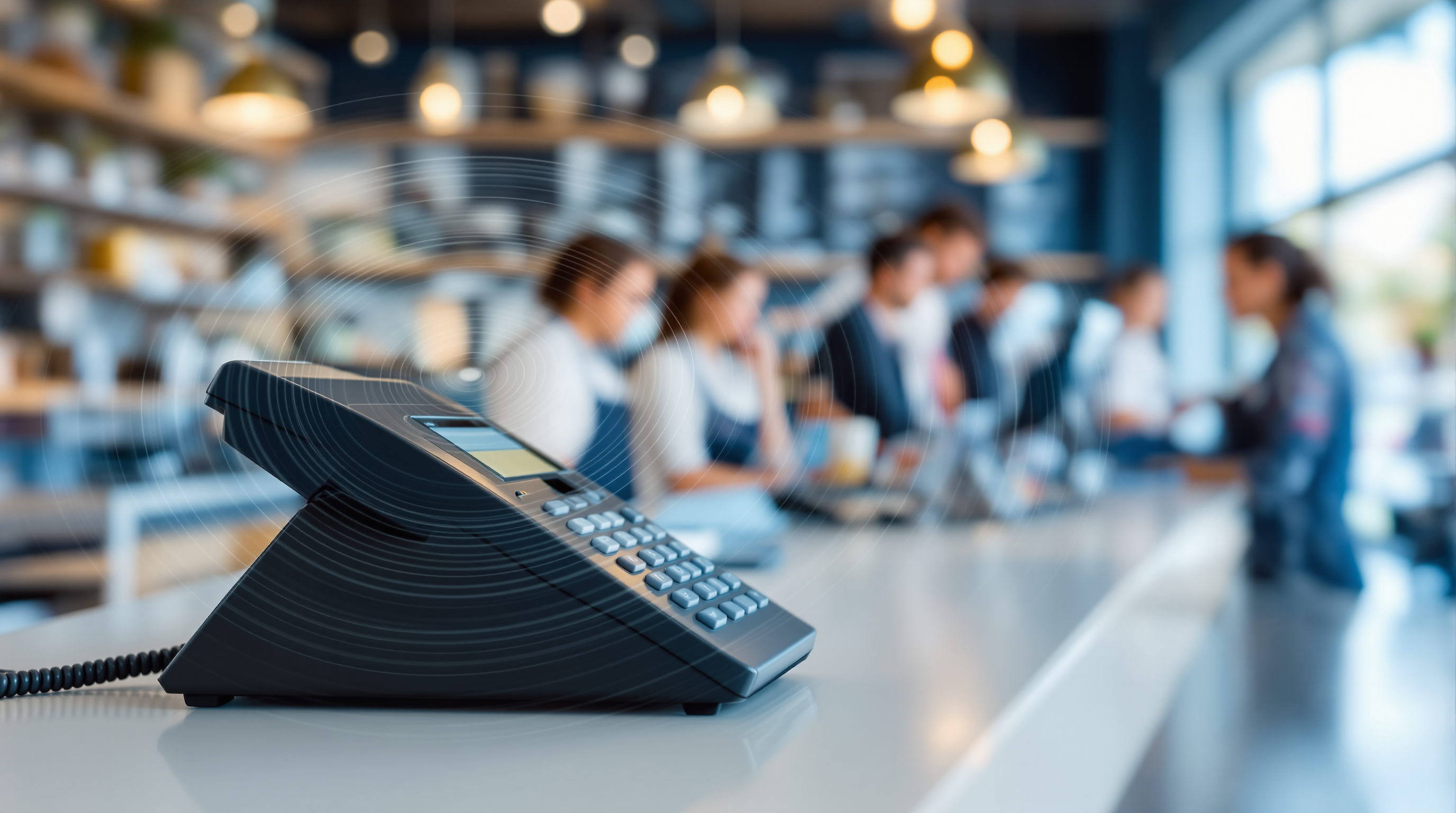 A business phone ringing in a noisy front-counter environment during peak hours
