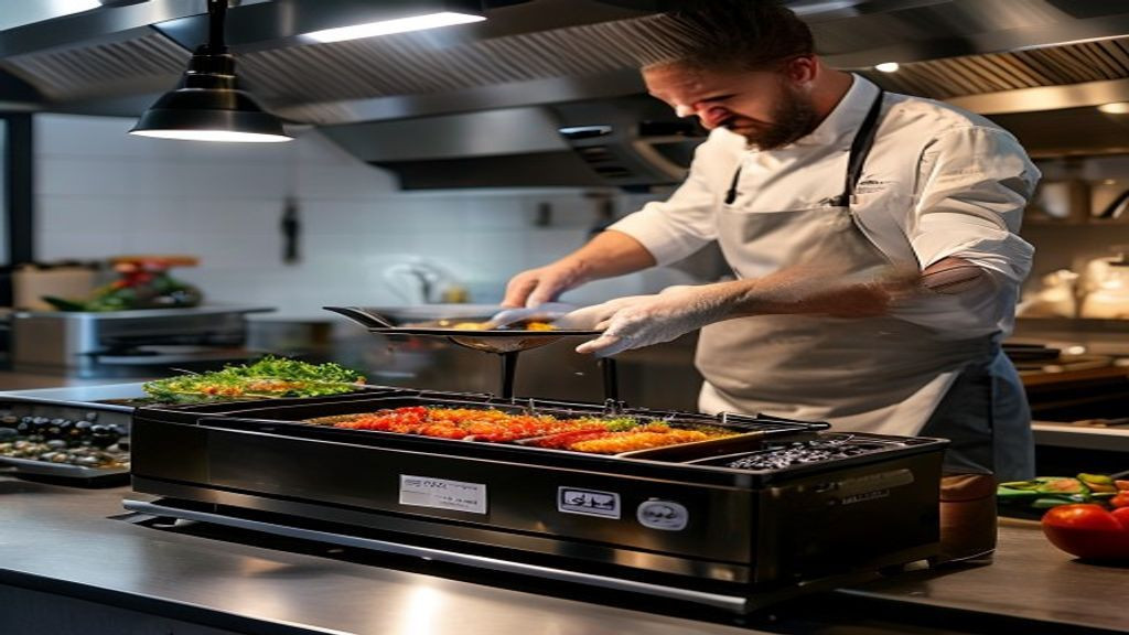 Kitchen manager reviewing Computron 8000 cook programs on a Henny Penny fryer