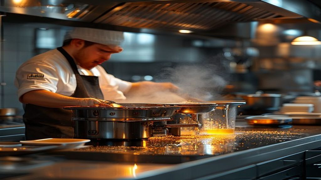 Restaurant team cleaning and filtering oil on a Henny Penny commercial fryer after service