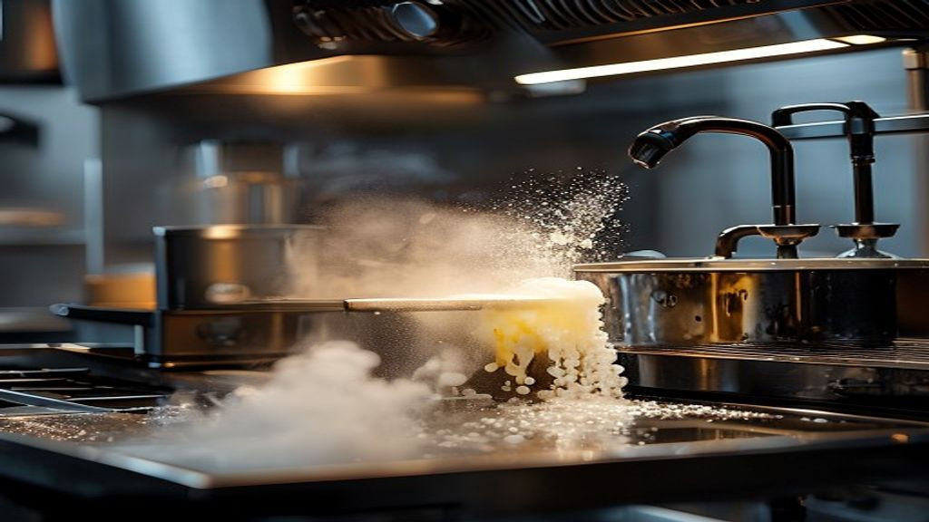 Crew filtering oil and cleaning a commercial pressure fryer after peak service