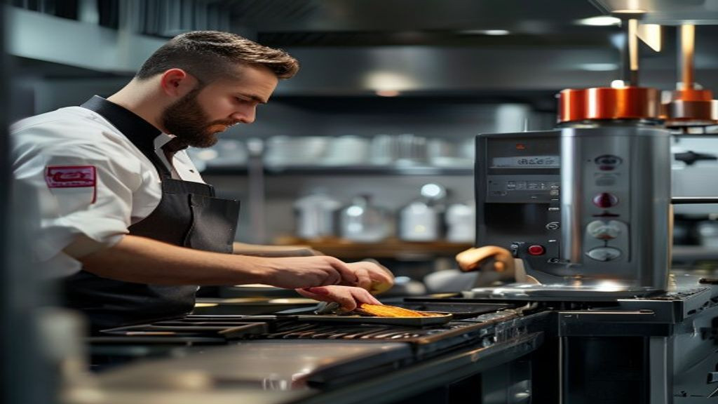 Kitchen manager checking controls on a Henny Penny Velocity pressure fryer during service