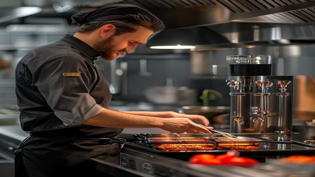 Kitchen manager checking fryer controls and cook settings