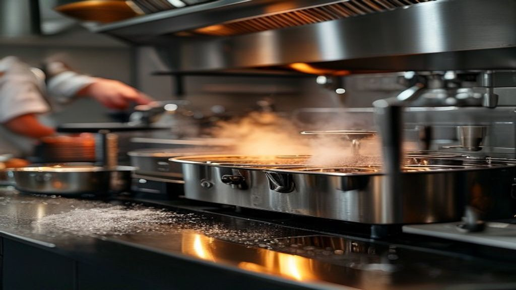 Staff filtering oil and cleaning a commercial fryer after service