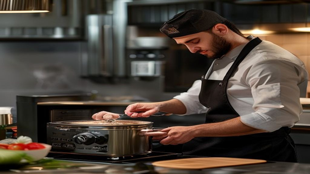 Kitchen manager checking controls on an electric pressure fryer