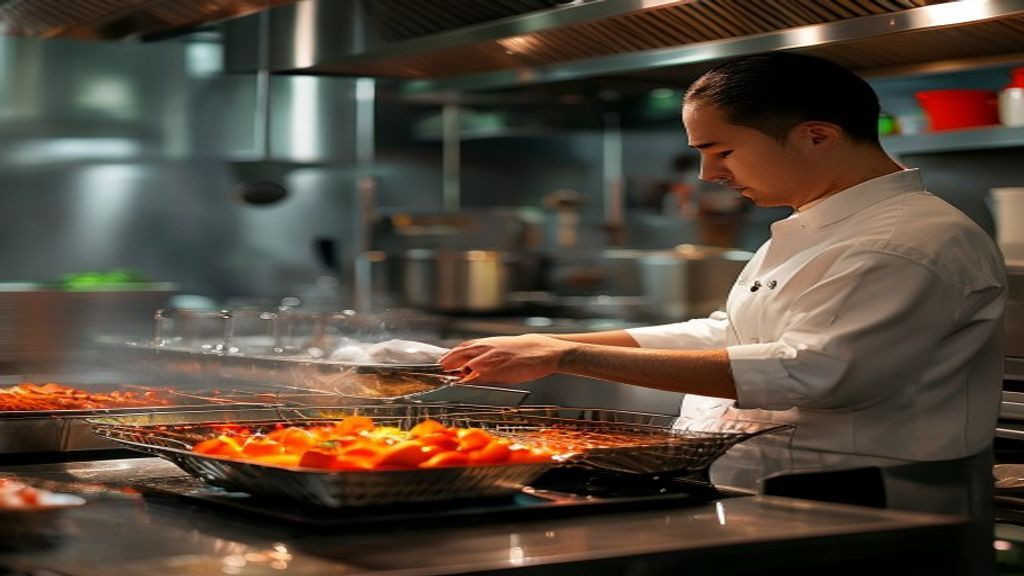 Kitchen manager inspecting fryer controls, baskets, and oil filtration area