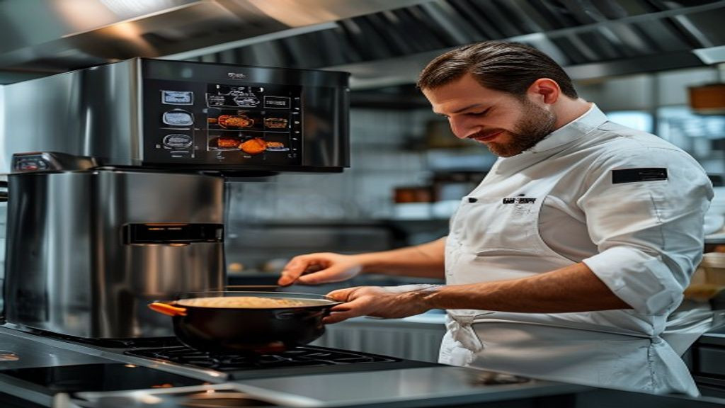 Kitchen manager checking controls and cook presets on a Henny Penny pressure fryer