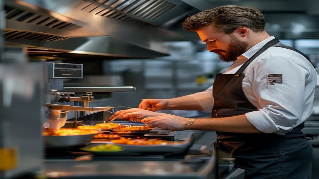 Kitchen manager checking fryer controls and cook programs on a commercial unit