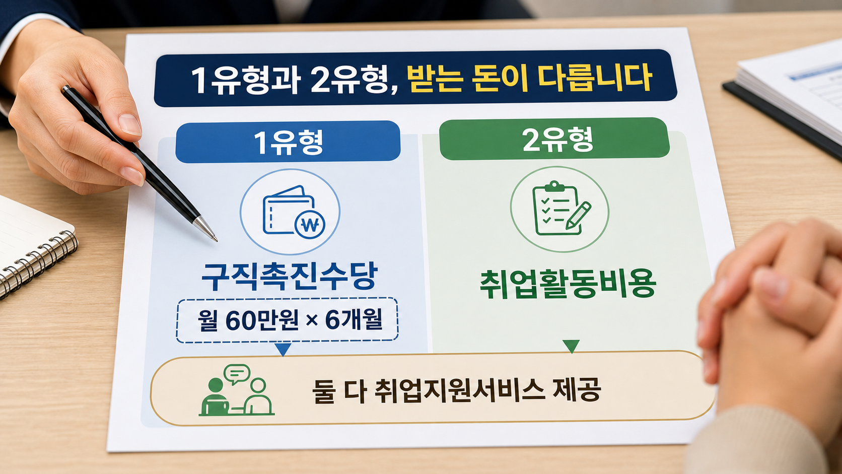 1유형 구직촉진수당과 2유형 취업활동비용의 지원 항목 차이를 나란히 비교한 이미지