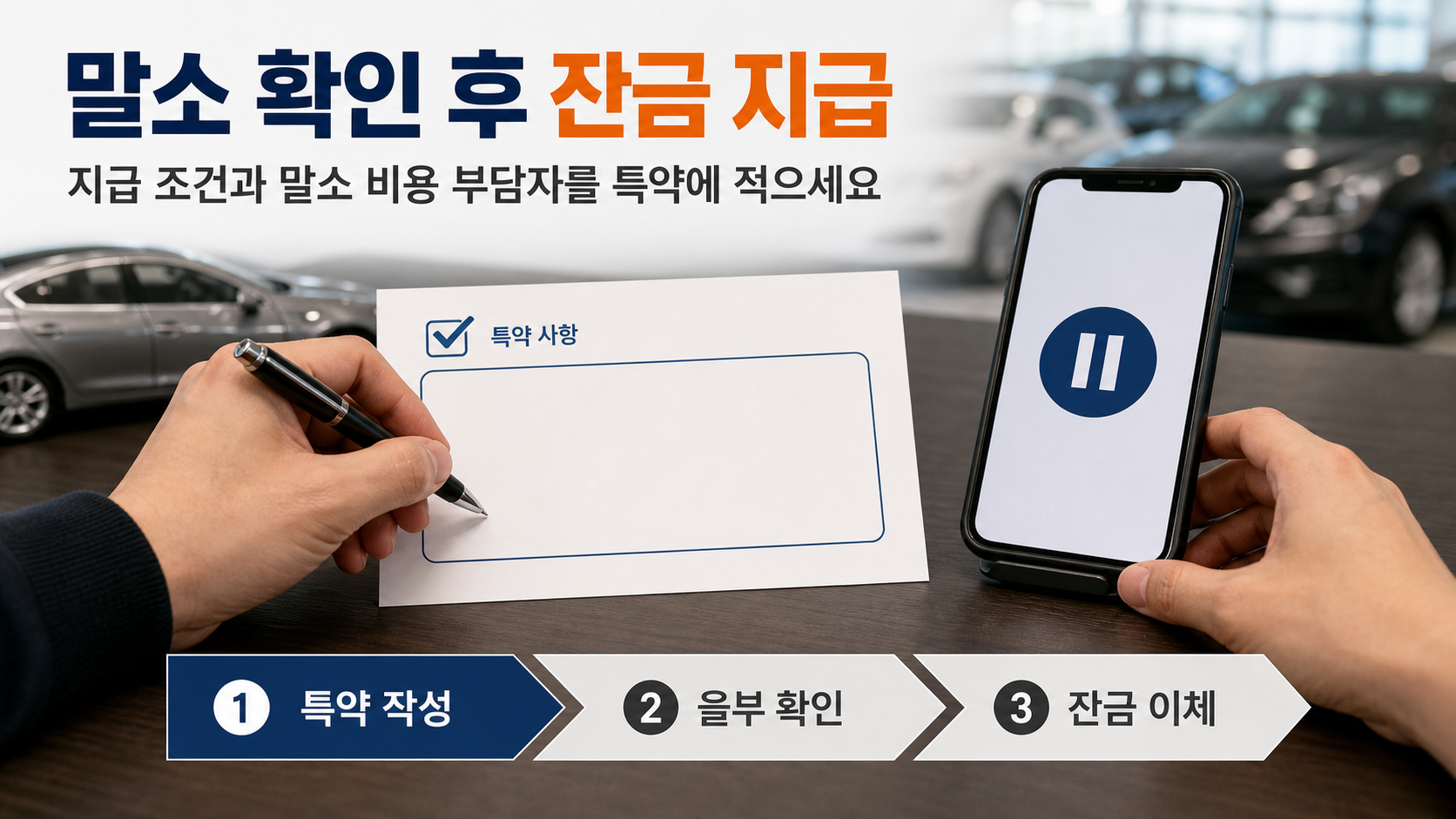 중고차 계약서 특약란에 저당권 말소 확인 후 잔금을 지급한다는 조건을 적어 넣는 장면