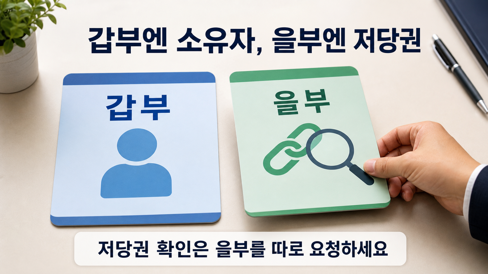 자동차등록원부 갑부와 을부를 나란히 놓고 저당권이 적히는 을부를 따로 확인하는 장면
