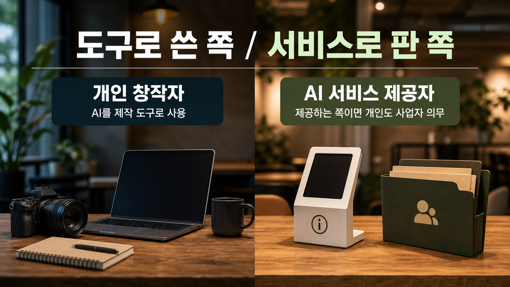 AI를 도구로 쓴 개인 창작자와 AI 기능을 서비스로 제공하는 사업자를 좌우로 나눠 보여주는 비교 이미지