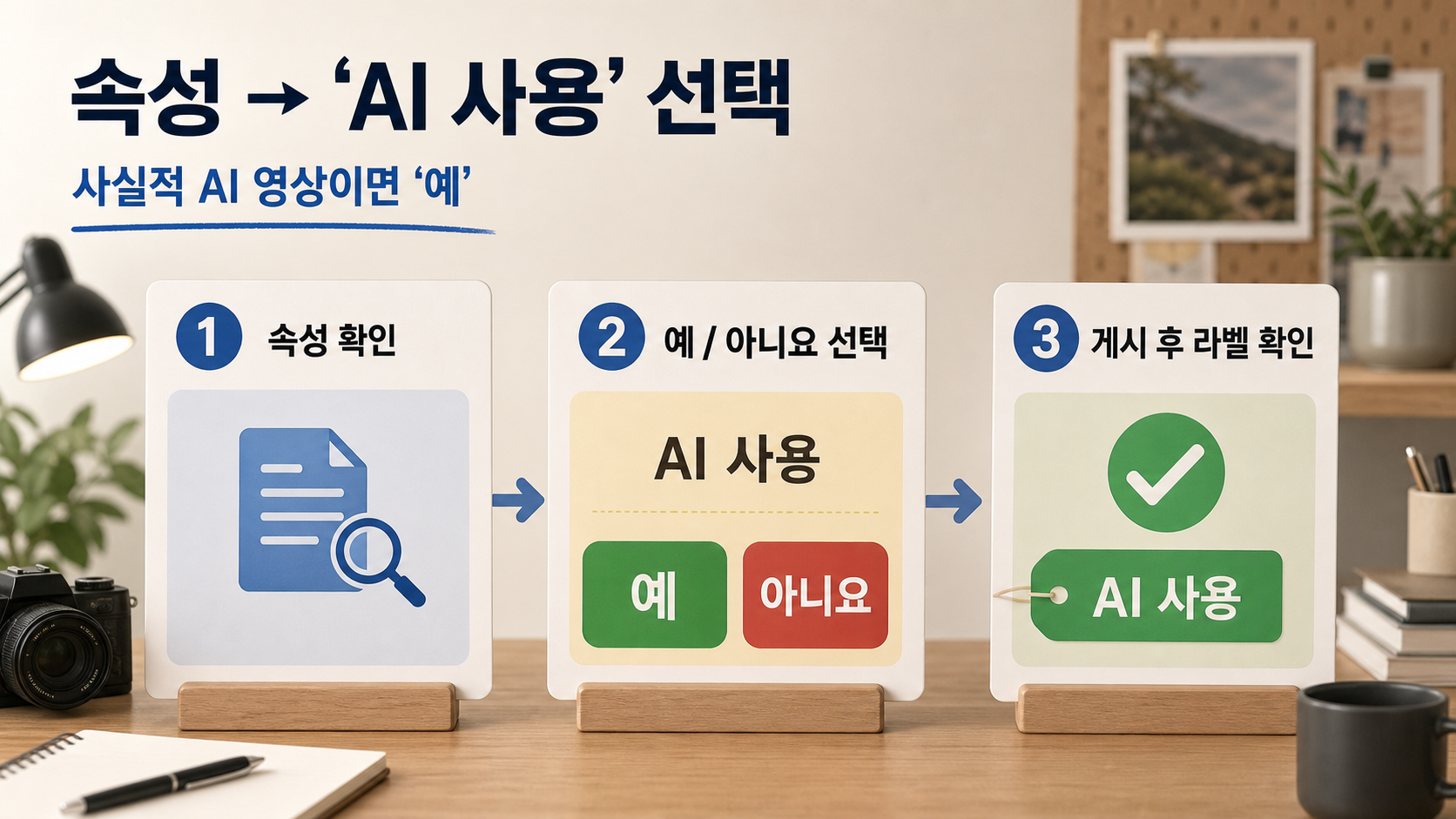 업로드 세부정보 속성에서 ‘AI 사용’ 항목을 골라 체크하는 순서를 보여주는 과정 이미지