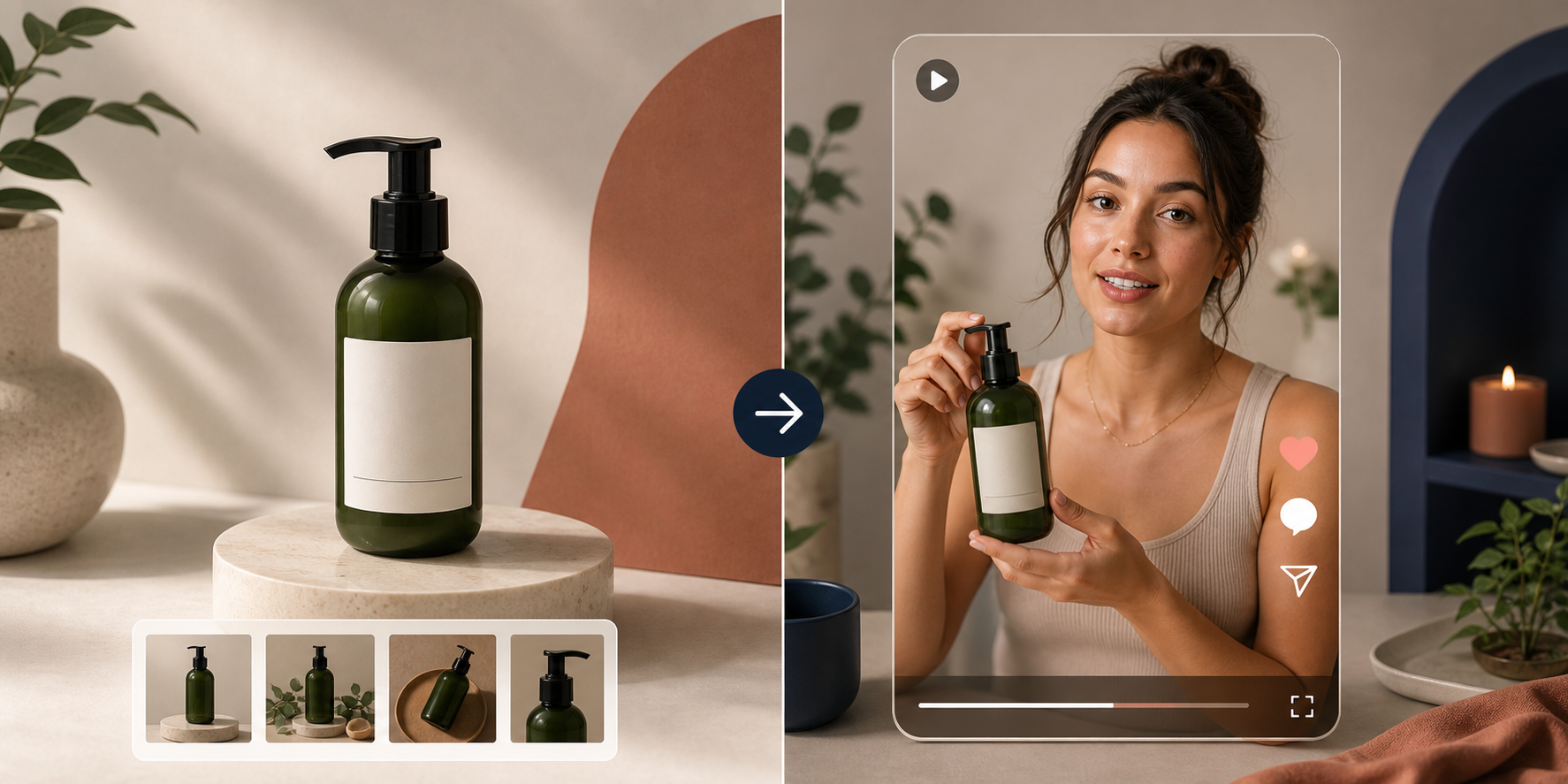 Split view of a static product shot and a UGC-style video frame