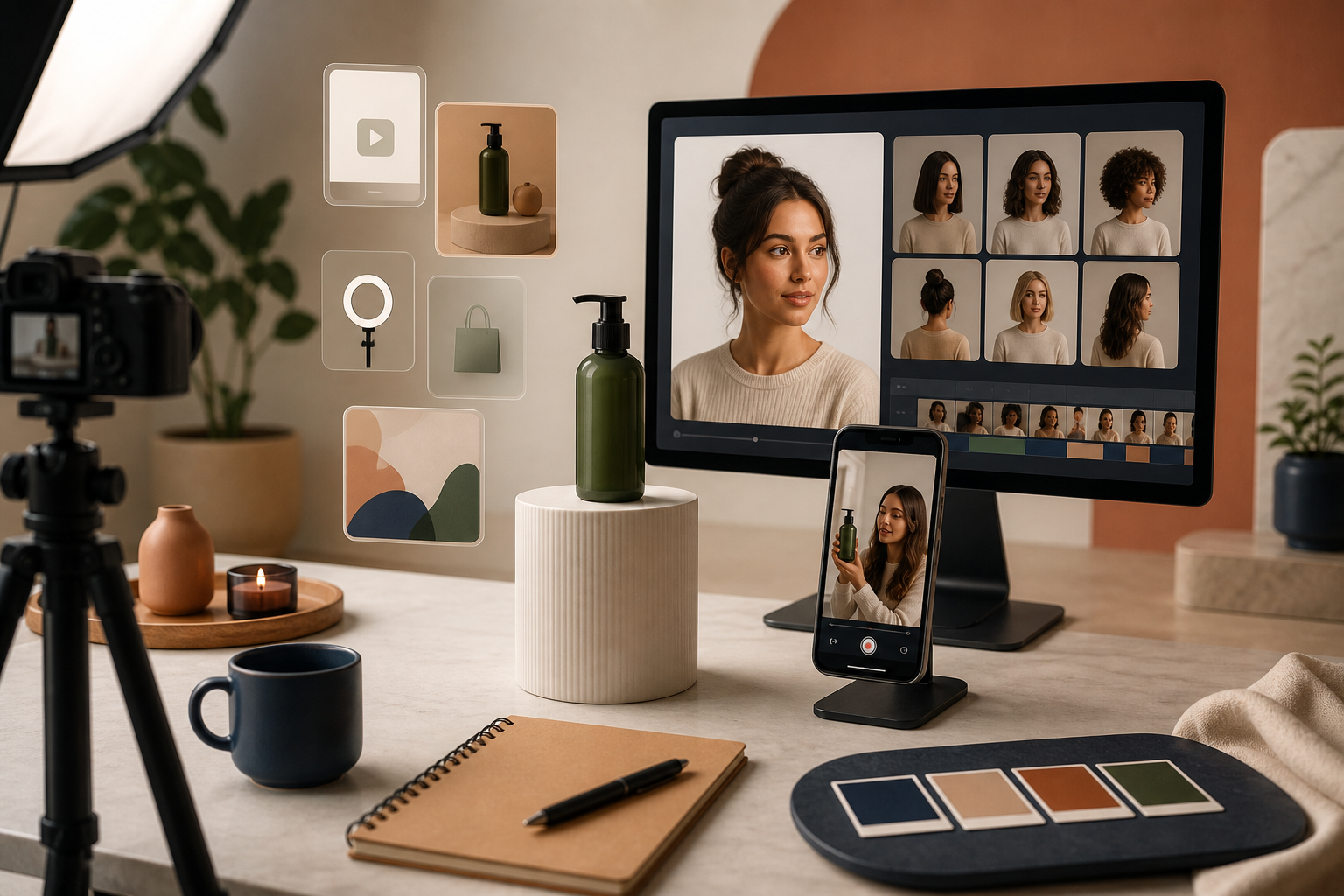 AI avatar product video setup in a clean ecommerce studio
