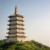 A photorealistic architectural photograph of the Medicine Buddha Ten Thousand Buddhas Pagoda, Mahabo