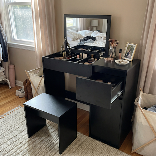 Beautiful Dressing Table with Mirror and Stool Setup.png