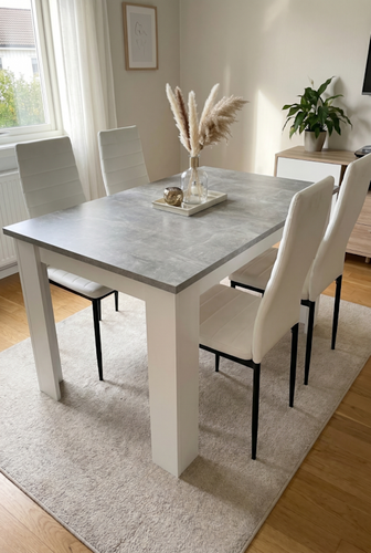 Grey marble dining table and 4 chairs from DHS for a polished dining corner.png