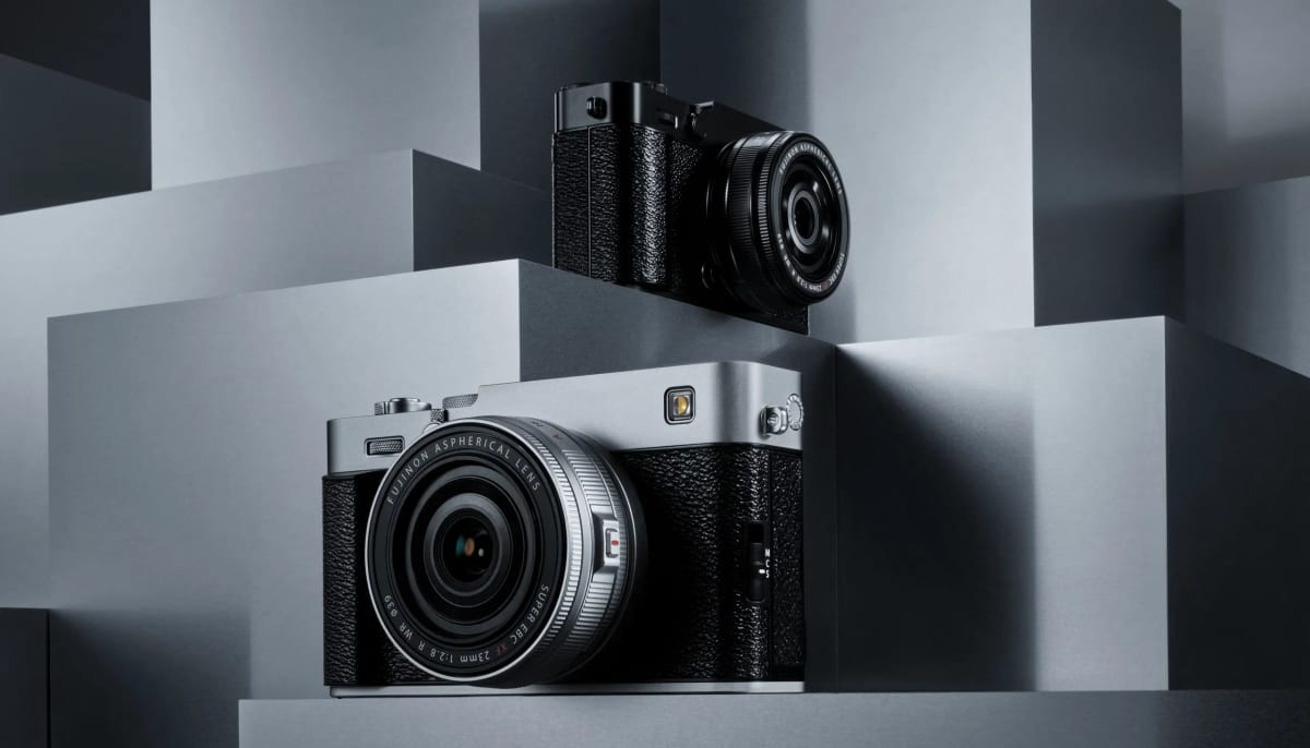 Ảnh chụp ba máy ảnh Fujifilm X-E5, X-T30 III và một mẫu khác trên bệ đỡ tối giản