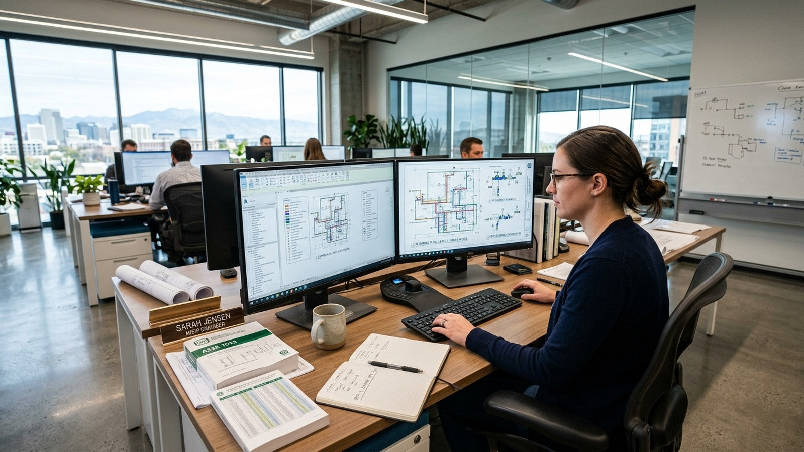 Mechanical engineer and CAD drafter reviewing HVAC condensate drain piping routing and trap layouts at a modern workstation