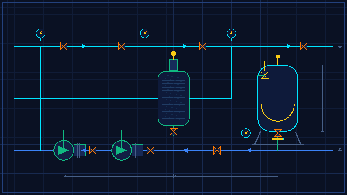 AutoCAD MEP piping schematic and P&ID layout for hydronic expansion tank and air separator with circulation pumps and control valves