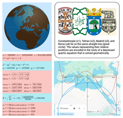 Constantinople (x1), Tehran (x2), Madrid (x3), and Rome (x4) lie on the same straight line (great circle). The values ​​representing their relative positions are encoded in the roots of a depressed quartic equation that is solved geometrically.