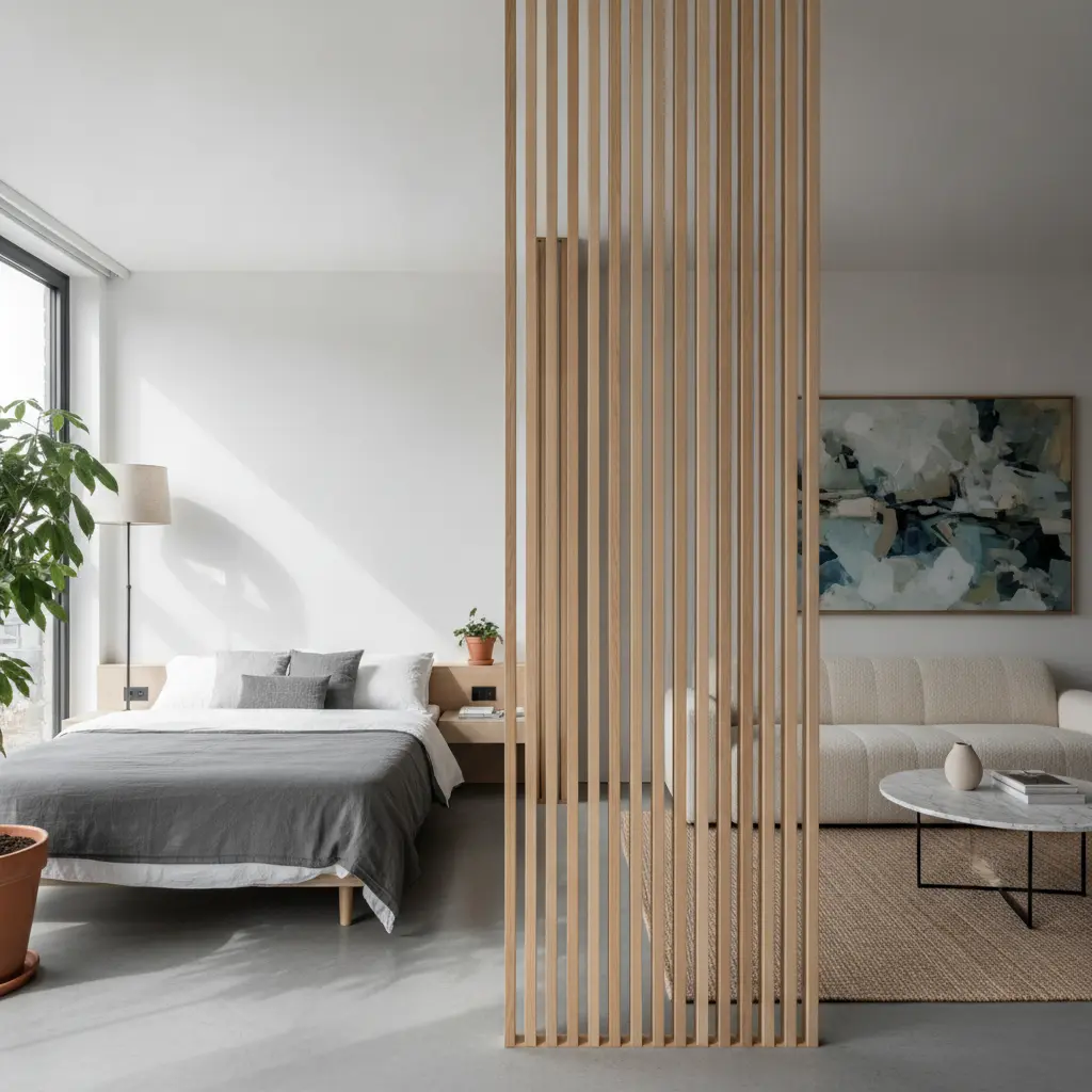 Freestanding Slat Wood and Rattan Folding Screens