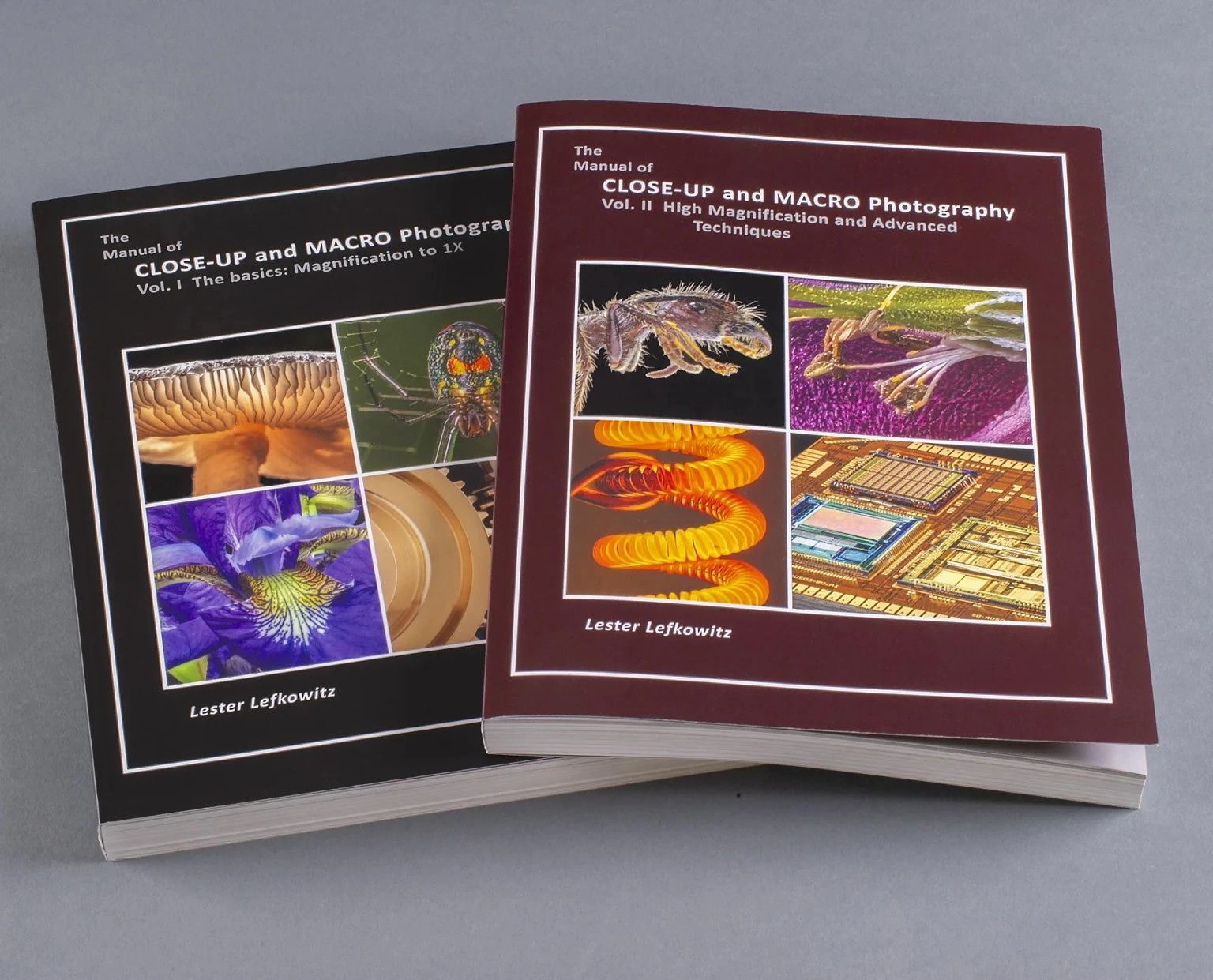 Lester’s two macro photography books: Volume I for beginners and intermediate folks, Volume II for advanced practitioners. Combined total of almost 700 pages containing 1,700 photographs made specifically for these books. Available at Amazon, B&H Photo, and ebay (for overseas orders).