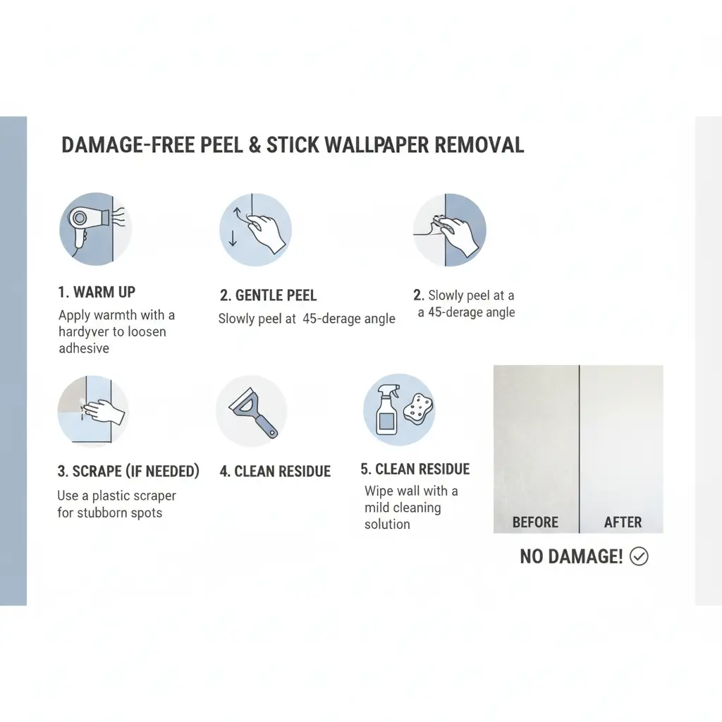Infographic showing steps for clean removal of peel-and-stick wallpaper