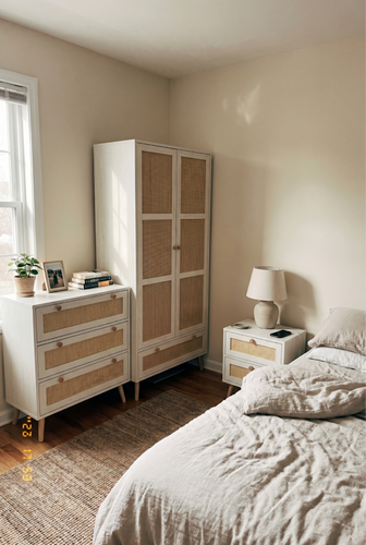 White Rattan Wardrobe Set with Drawer and Bedside Storage.png