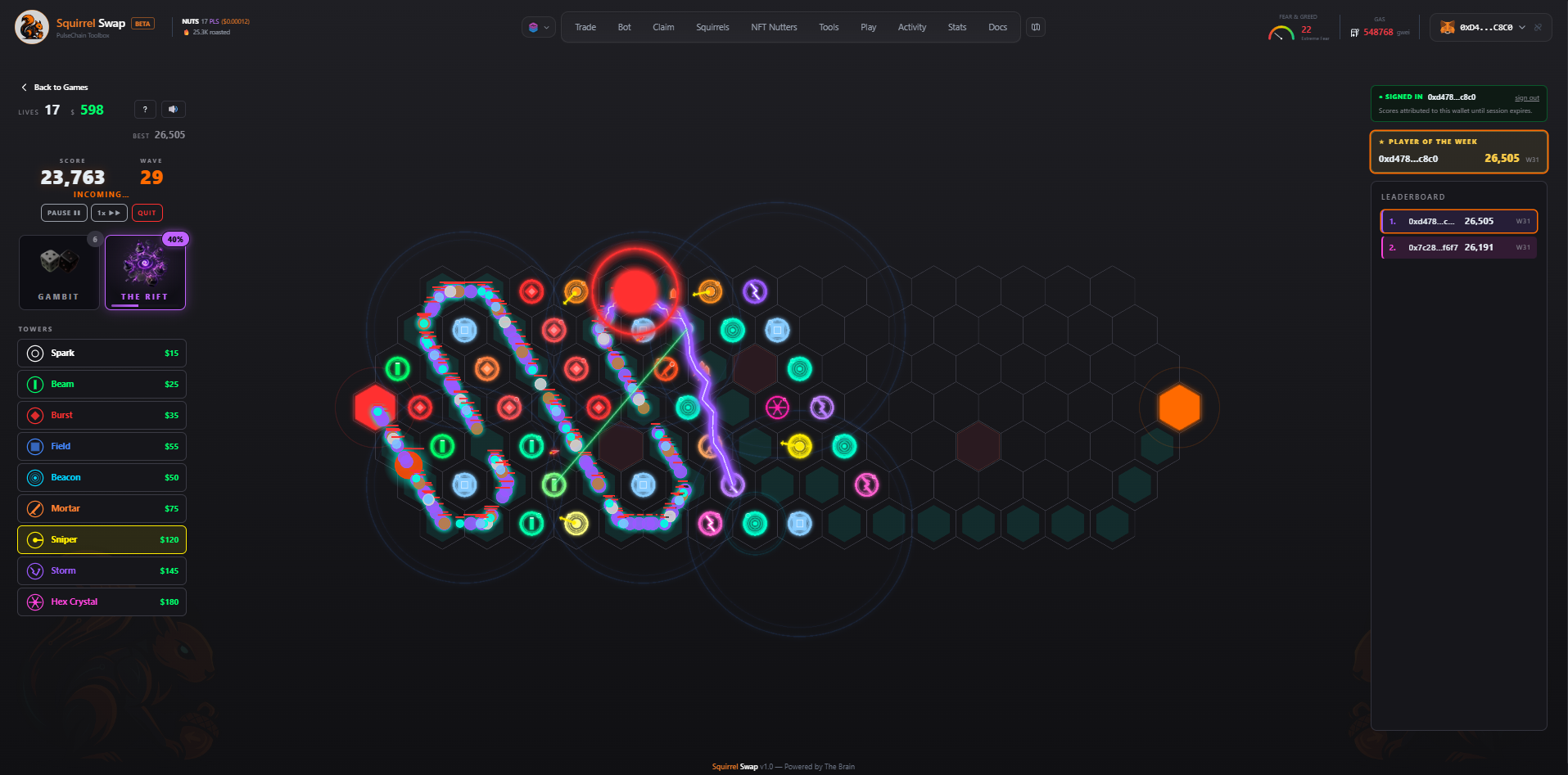 Hex Defence gameplay: neon hex grid with colourful towers placed along a winding path, enemies tracking through the maze the player has built, score and wave count in the HUD, leaderboard on the right