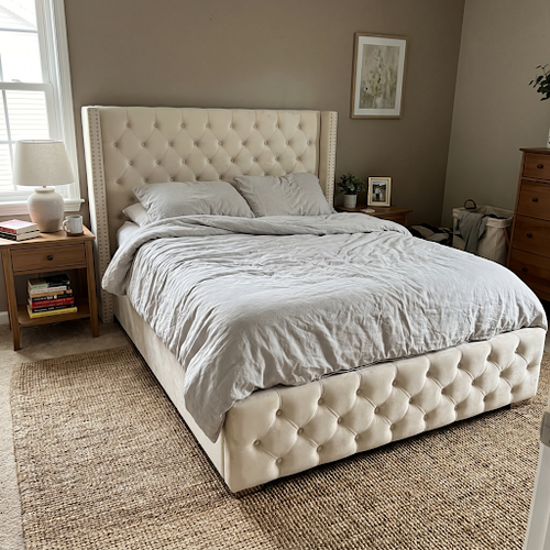 Double ottoman bed with beige Cross velvet tufted headboard.png