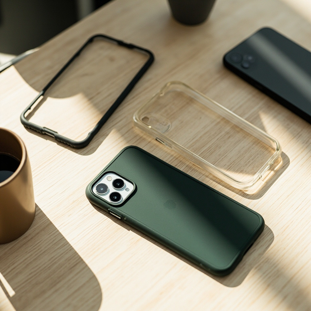 iPhone cases on a wooden desk with coffee cup and smartphone